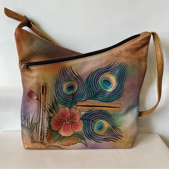 Anuschka Handbags - Anuschka V Top Hand Painted Peacock Leather Hobo Shoulder Bag